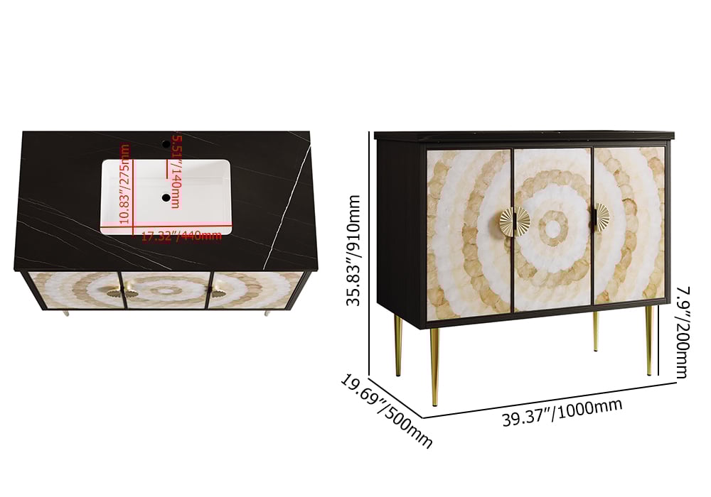 Furniture piece with decorative design and dimensions displayed