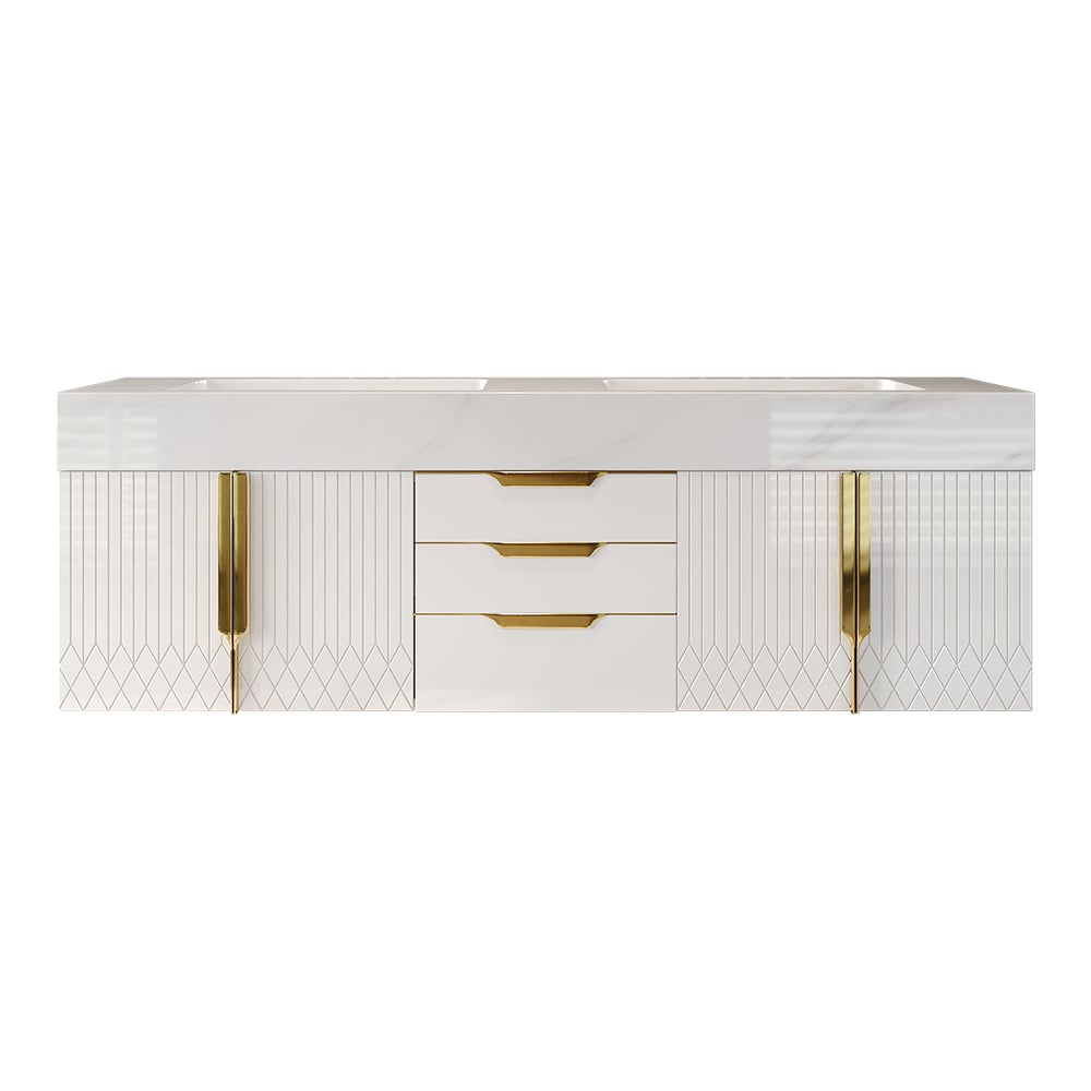 White vanity with gold accents on a white background
