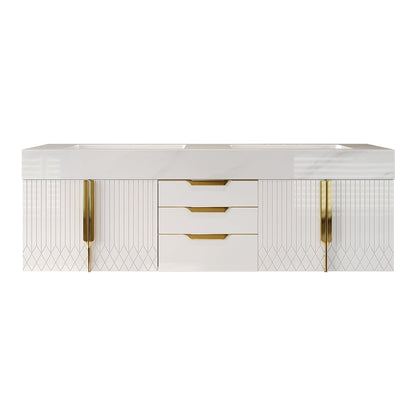 White vanity with gold accents on a white background