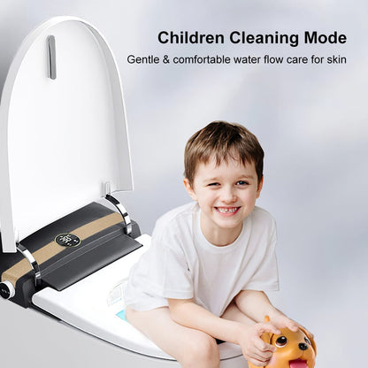 Children's cleaning device with a child sitting next to it, featuring text about gentle water flow care.