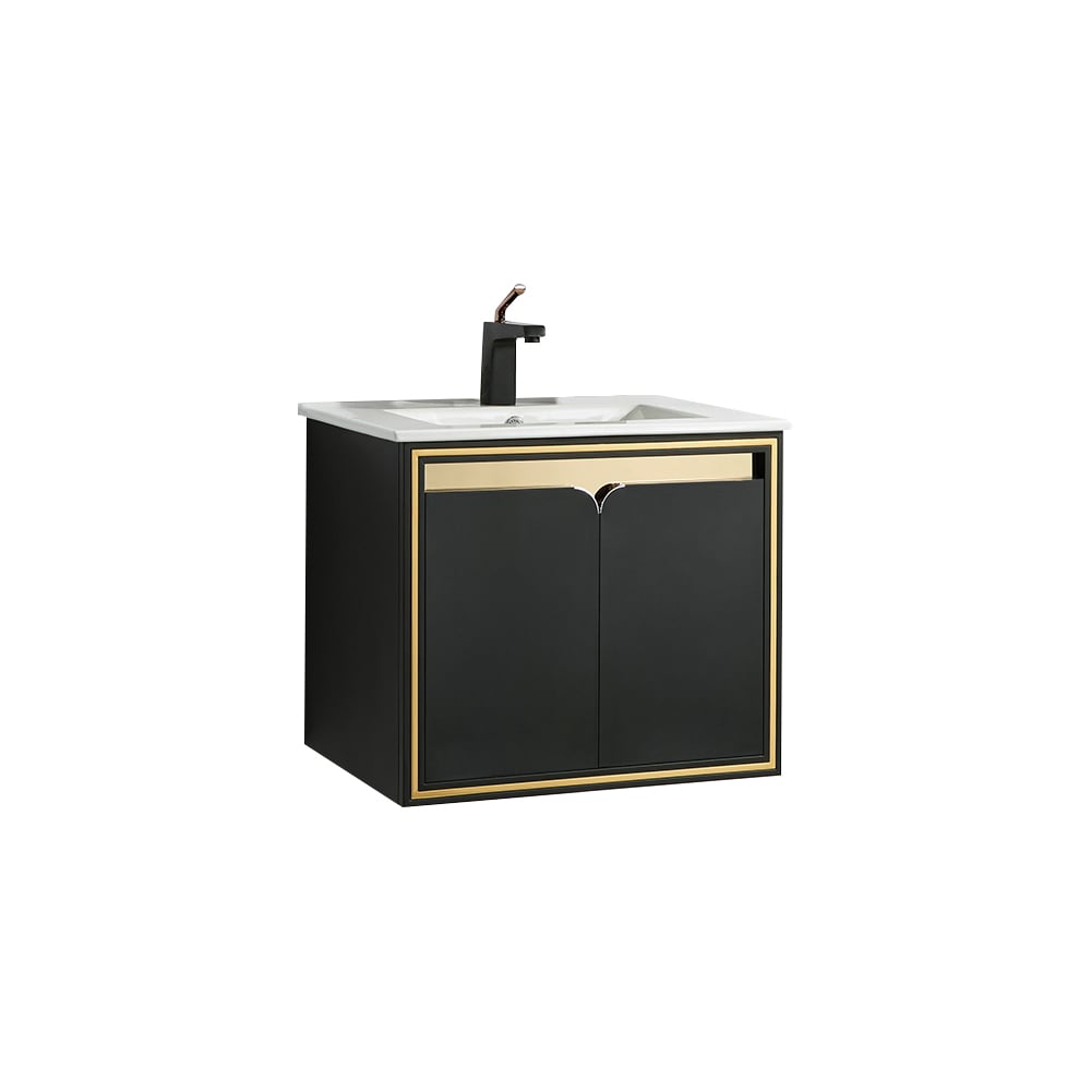 Black and gold bathroom vanity with white countertop on a white background