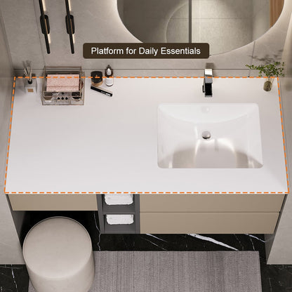 40" Modern Floating Bathroom Vanity Set with Single Sink & a Makeup Countertop in Khaki