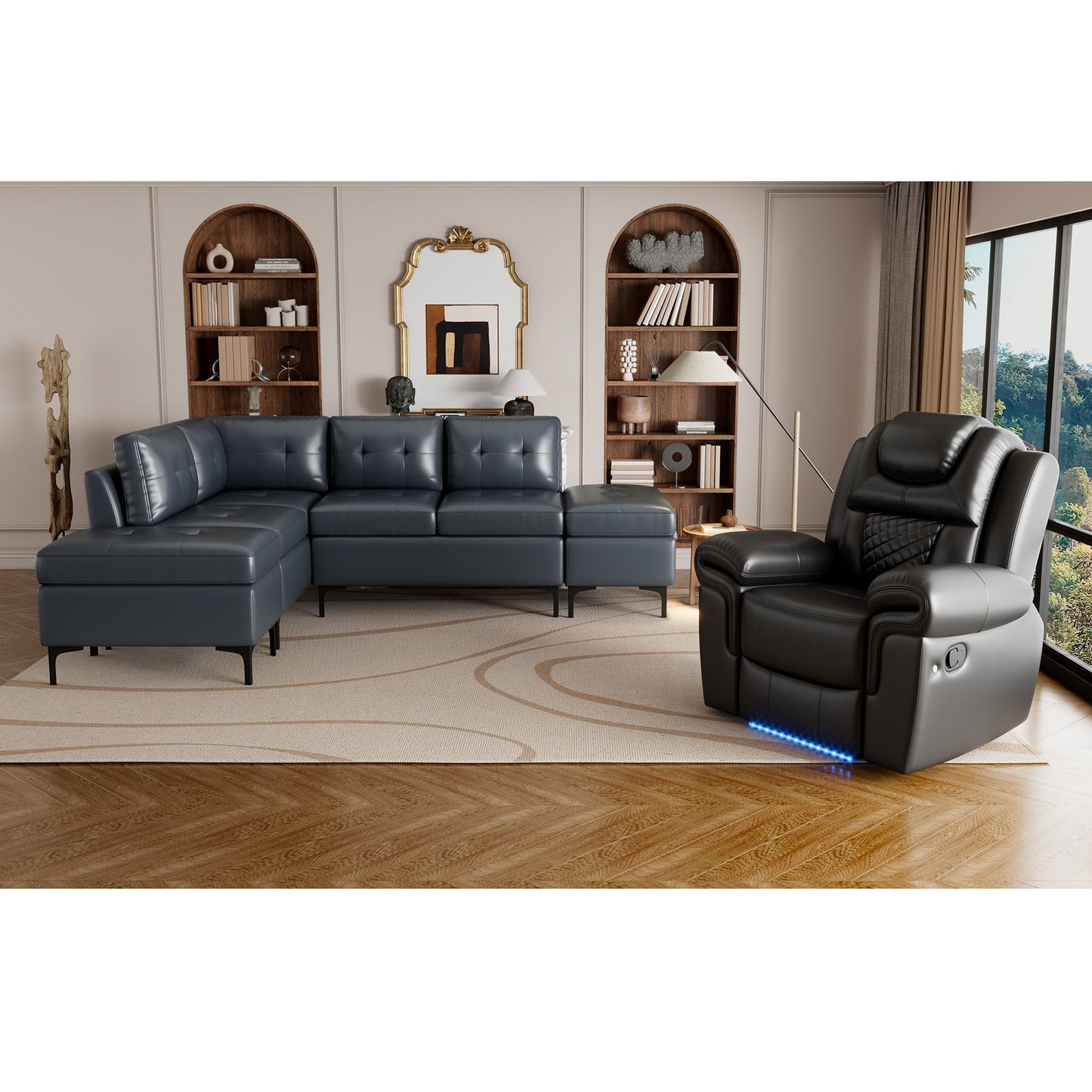 Sofa Recliner Set L-Shaped Corner Sofa Pu Leather Recliner for Living