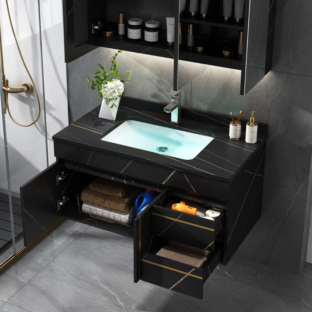 Bathroom vanity with open cabinet showing toiletries and towels, featuring a modern design.
