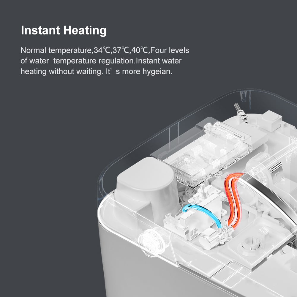 Water heater with internal components and text about instant heating on a dark background
