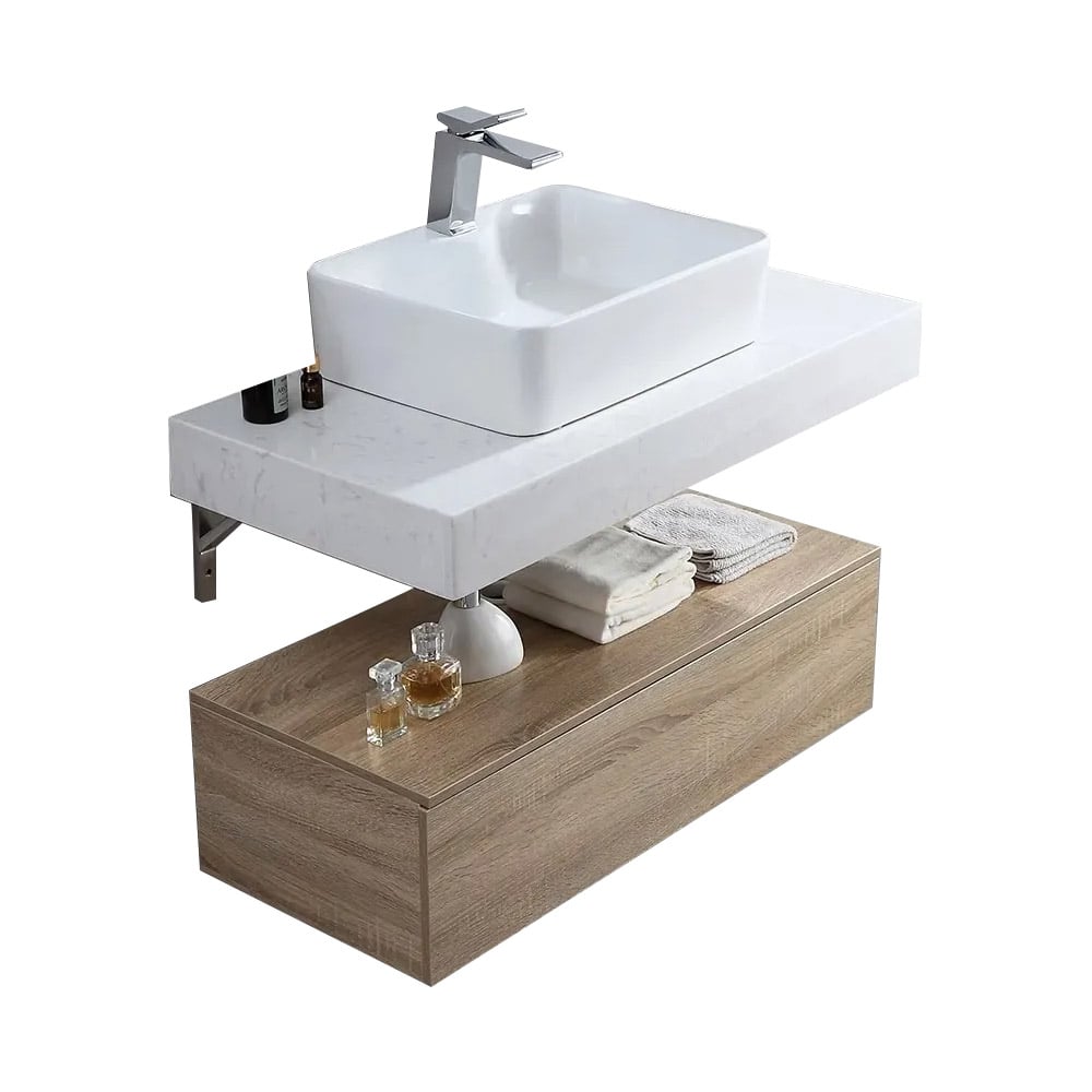 Bathroom Vanity Set 35.4" Modern Floating Bathroom Vanity White and Natural with Sink