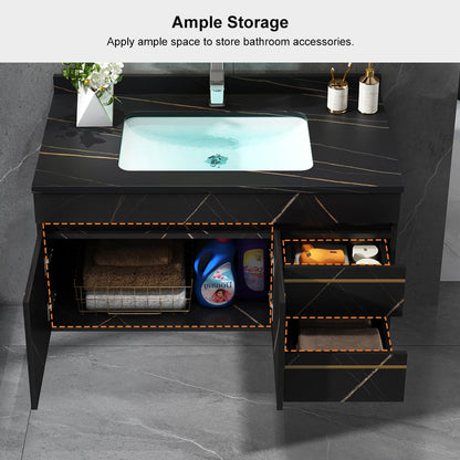 Bathroom vanity with sink and storage compartments, featuring ample space for bathroom accessories.