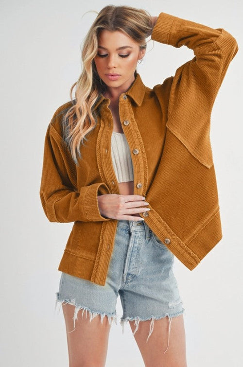 Side Slit Exposed Seam Corduroy Button-Up Jacket