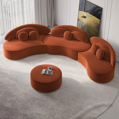 Orange sectional sofa with a round ottoman on a gray carpet