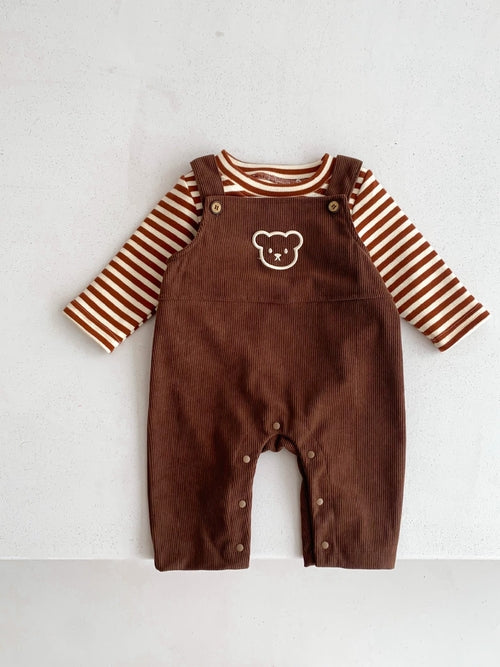Unisex Corduroy Overalls Set with Bear Head Detail